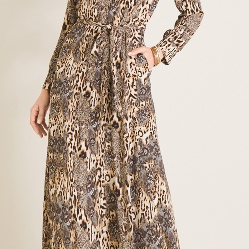 Leopard lace print maxi shirt dress